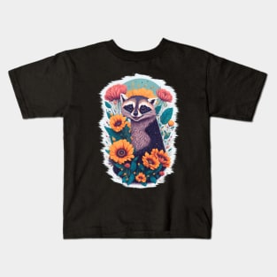 Cheerful Raccoon Amidst Colorful Blooms Kids T-Shirt